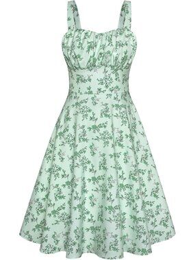 Women's Light Green Floral Vintage A-Line Midi Cocktail Dress Spaghetti Strap